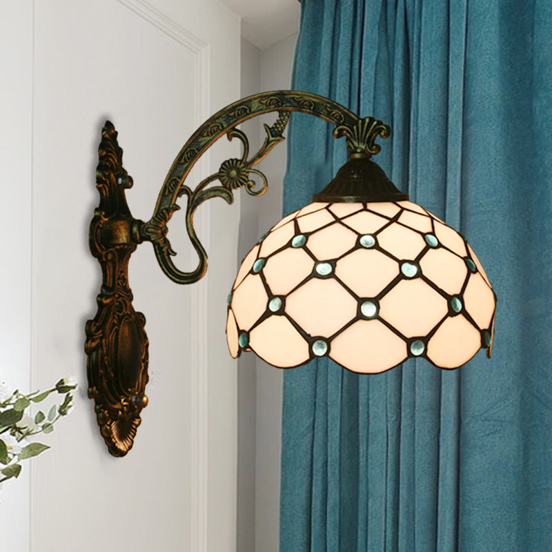 Hand-Crafted Blue/Gold Glass Bead Net Wall Light - Single Bulb Baroque Lamp