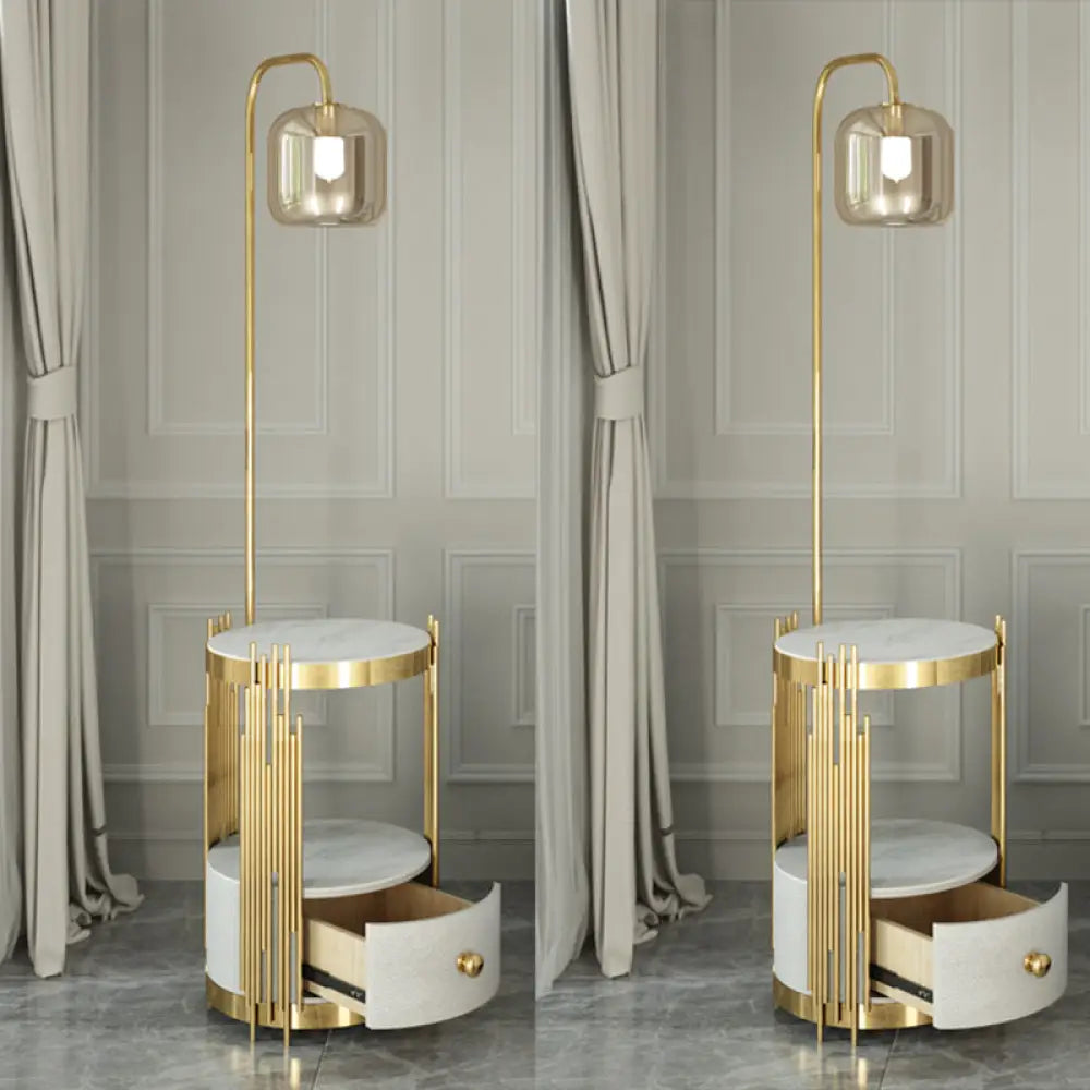 Modern Glass Cylinder Floor Lamp With Table Drawer And Gooseneck Design modern-glass-cylinder-floor-lamp-with-table-drawer-and-gooseneck-design
