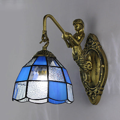 Baroque Grid Patterned Sconce Lighting - White/Blue Glass Wall Mounted ...