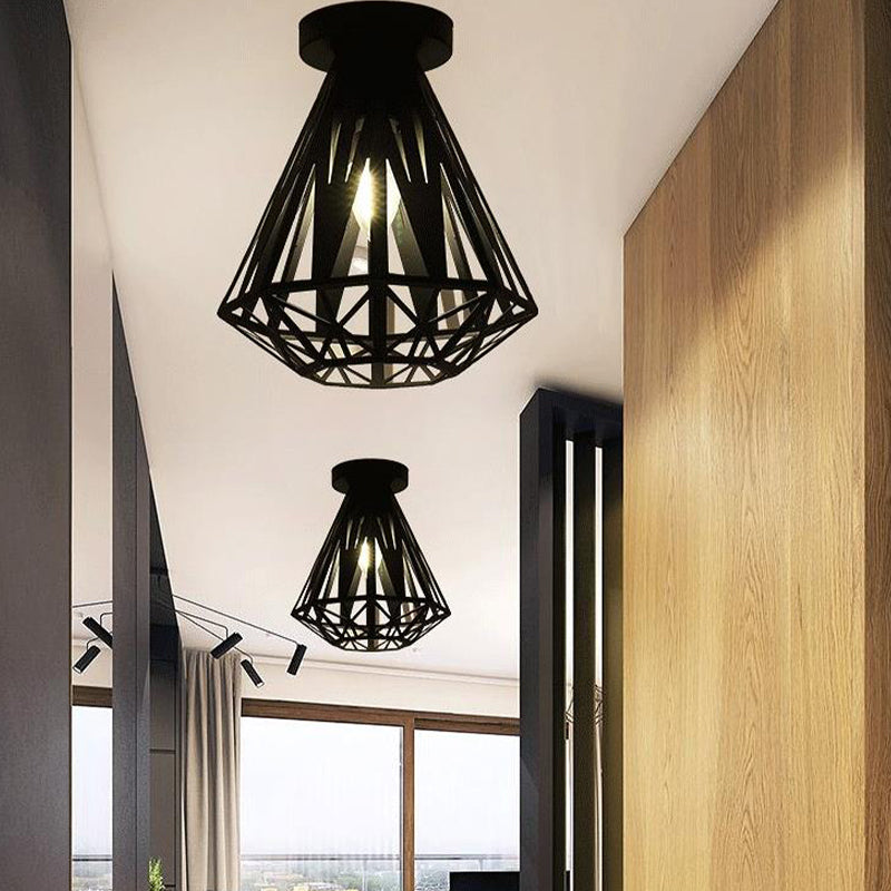 Black Metal Caged Flush Mount Fixture with Diamond Shade - Loft Style 1 ...