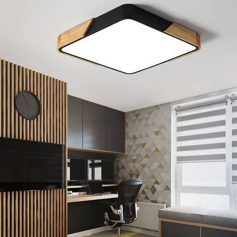 Square Wood And Metal Flush Mount LED Dimmable Ceiling Light
