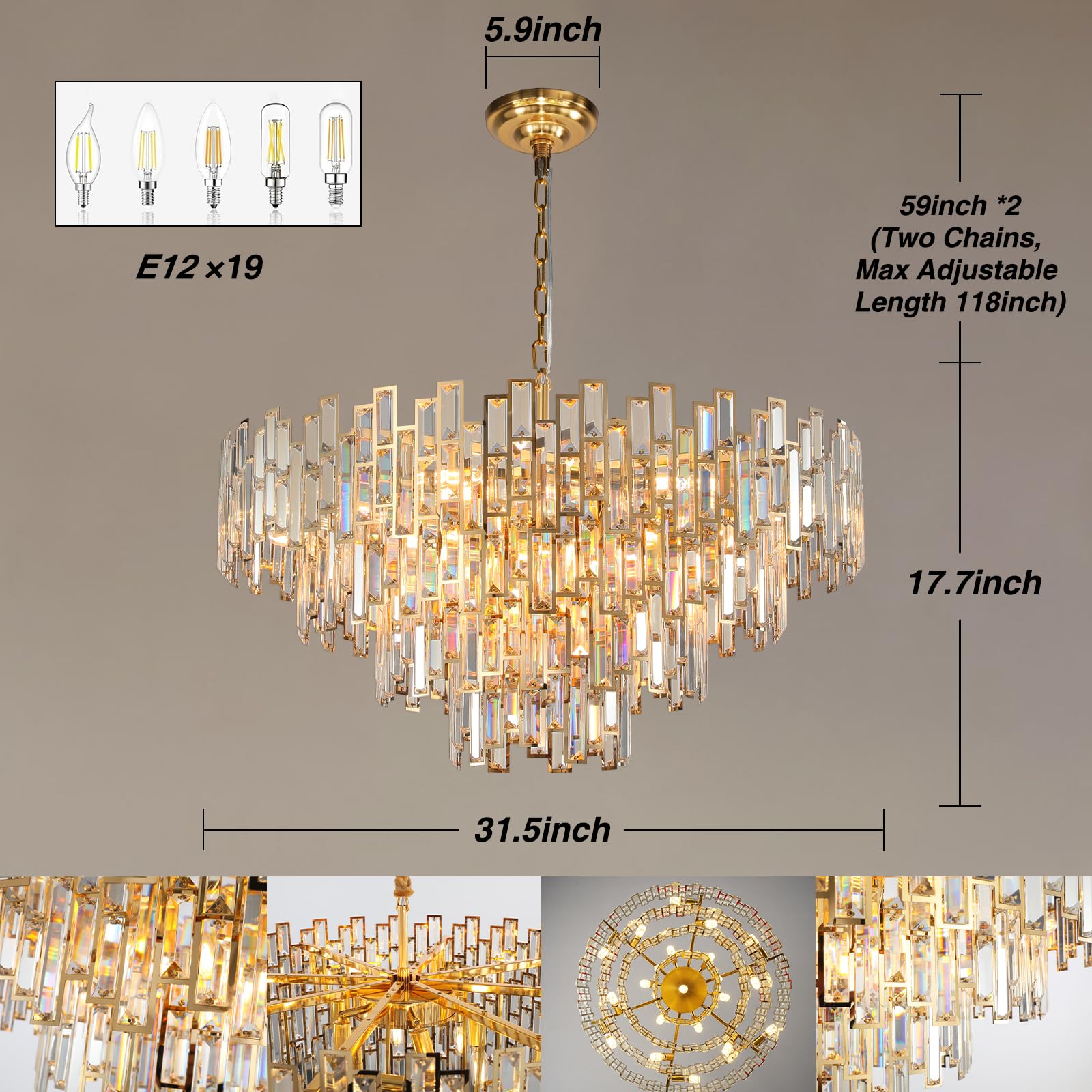 38.5'' Black Crystal Chandelier, 5-Tier Modern Round K9 Crystal Pendant ...